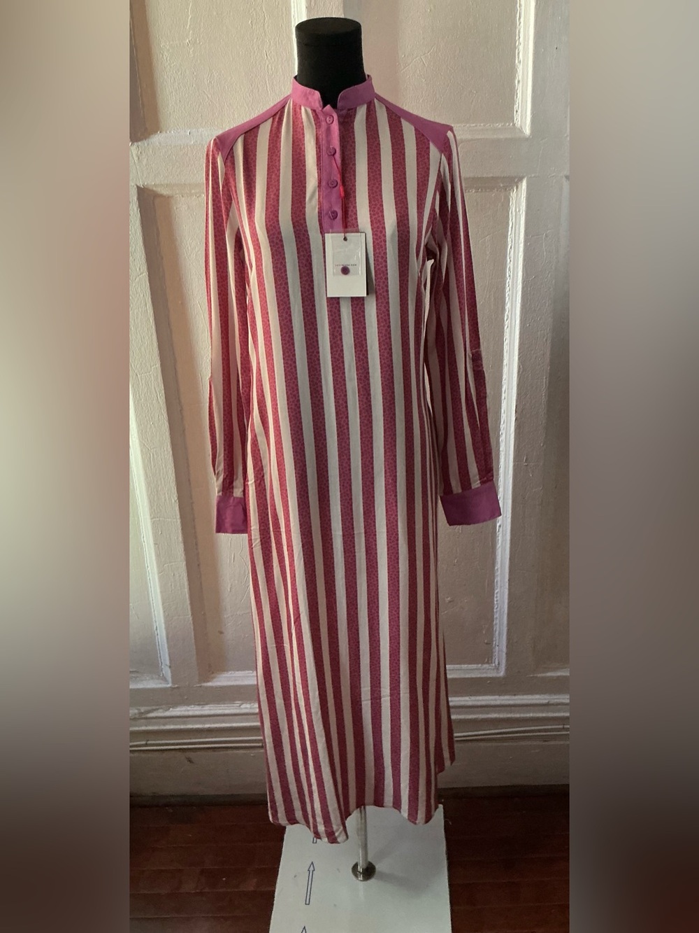 Oday Missidasha Striped Pink and Cream Long-Sleeve Maxi Dress/ Mandarin Collar